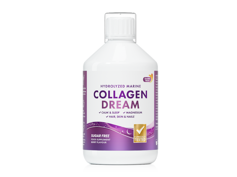 Collagen supplement bottle with purple label on a white background
