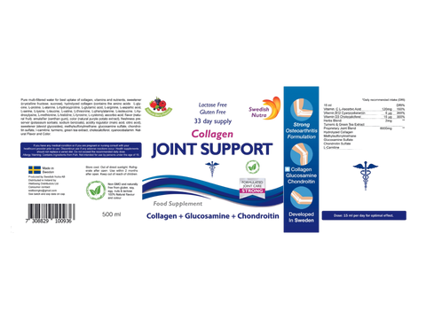Swedish Nutra Collagen Joint Support Berry Flavour 500ml supplement benefits information & barcode panel