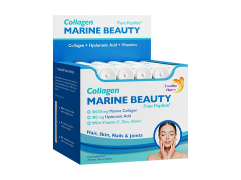 Swedish Nutra Collagen Marine Beauty Shots 20 x 25ml 500ml liquid supplement shot bottles front packaging