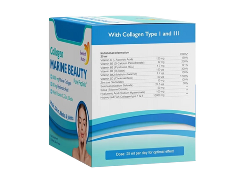 Swedish Nutra Collagen Marine Beauty Shots 20 x 25ml 500ml supplement benefits information panel