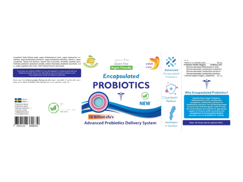 Swedish Nutra Encapsulated Probiotics 500ml supplement benefits information & barcode panel