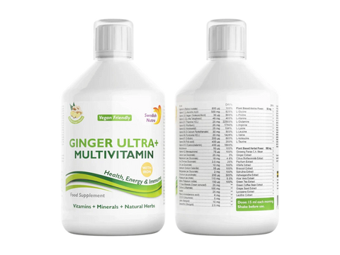 Two bottles of Ginger Ultra+ Multivitamin on a white background