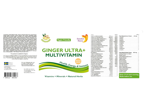 Multivitamin supplement package with text and branding on a white background