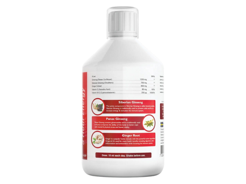 Swedish Nutra Ginseng Energy Natural Ginger Flavour 500ml active ingredients and nutrients information panel