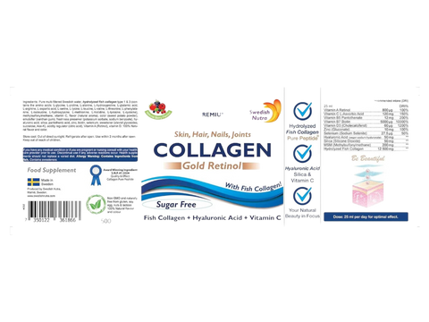 Swedish Nutra Gold Retinol Collagen 12500mg 500ml supplement benefits information & barcode panel