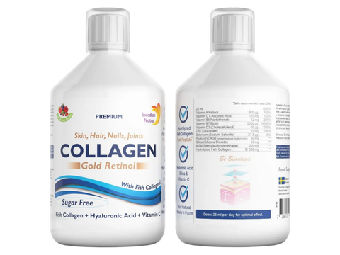 Swedish Nutra Gold Retinol Collagen 12500mg 500ml liquid supplement bottle front & back label packaging