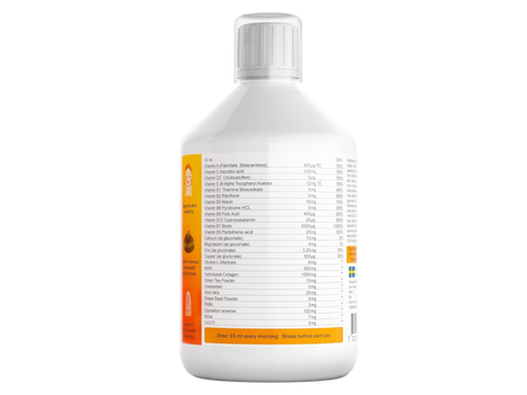 Swedish Nutra Hair, Skin & Nails Natural Orange Flavour 500ml active ingredients and nutrients information panel