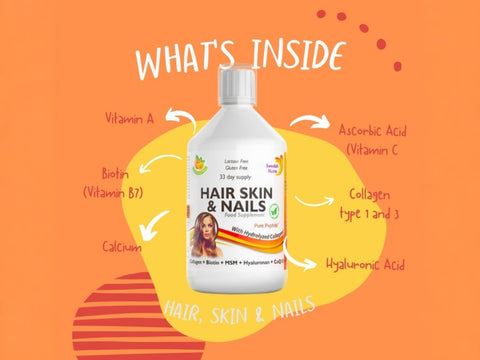 Swedish Nutra Hair, Skin & Nails Natural Orange Flavour 500ml lifestyle image showing beauty support for hair skin and nails