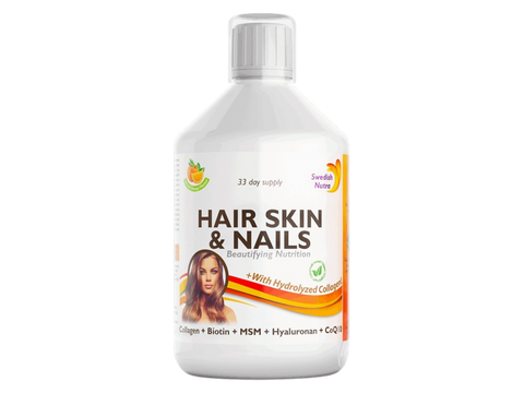 Swedish Nutra Hair, Skin & Nails Natural Orange Flavour 500ml liquid supplement bottle front label packaging