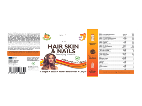 Swedish Nutra Hair, Skin & Nails Natural Orange Flavour 500ml supplement & barcode information panel
