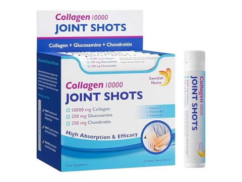 Swedish Nutra Joint Shots Collagen 10000mg 20 x 25ml 500ml liquid supplement shot bottles front packaging