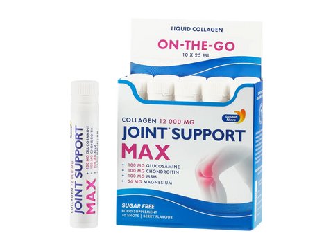 Box of Joint Support Max supplement with a liquid collagen tube on a white background