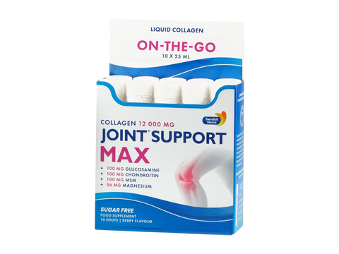 Box of Joint Support Max liquid collagen on-the-go packaging with a white background
