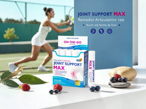 Joint support supplement packaging with a woman exercising on a tennis court in the background.