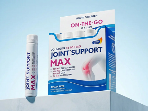 Joint support supplement packaging with a blue background