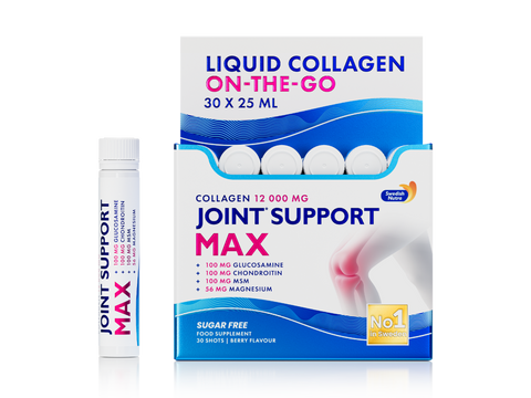 Box of Liquid Collagen On-The-Go and Joint Support Max supplement with a white background