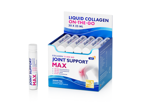 Box of Liquid Collagen On-The-Go with a bottle on a white background