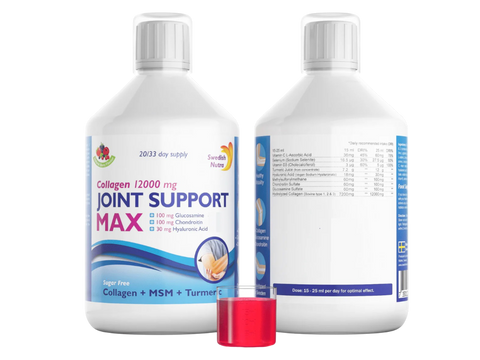 Swedish Nutra Joint Support Max 12000mg Collagen Berry Flavour 500ml liquid supplement bottle front label packaging with measuring cup