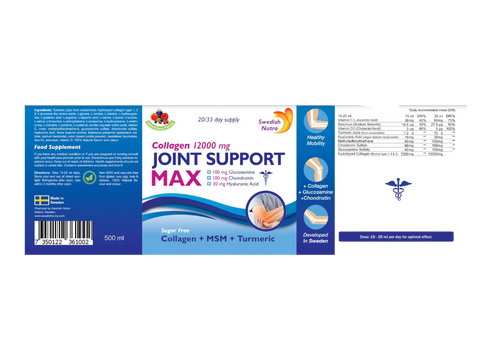 Swedish Nutra Joint Support Max 12000mg Collagen Berry Flavour 500ml high dose collagen barcode information panel