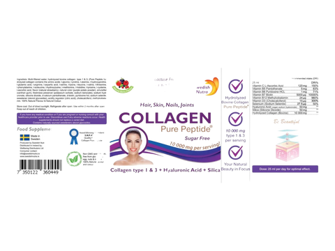 Swedish Nutra Liquid Bovine Collagen 10000mg Berry Flavour 500ml supplement benefits information & barcode panel