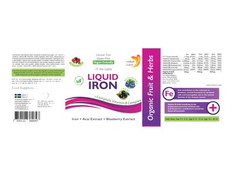Swedish Nutra Liquid Iron Berry Flavour 500ml supplement benefits & barcode  information panel