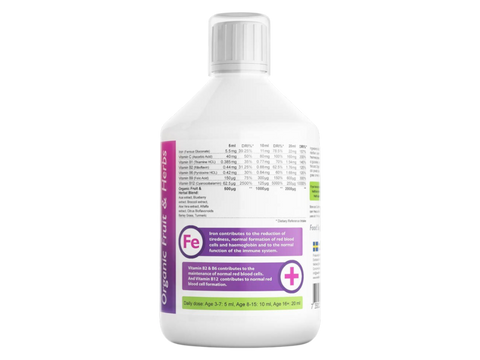 Swedish Nutra Liquid Iron Berry Flavour 500ml active ingredients and nutrients information panel