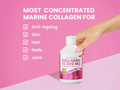 Hand holding a bottle of collagen supplement with pink background and text about benefits.