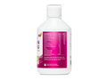 White bottle with a pink label on a white background
