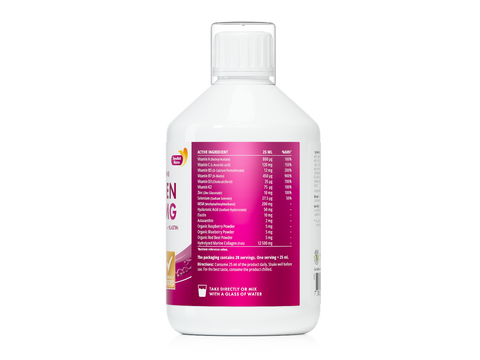 White bottle with a pink label on a white background