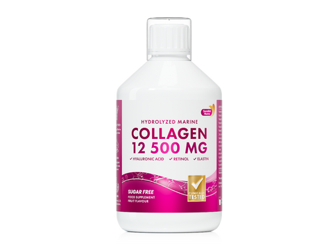 Collagen supplement bottle with pink label on a white background