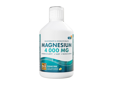Bottle of magnesium supplement with label on a white background