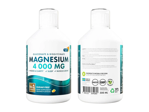 Two bottles of magnesium supplement with labels on a white background