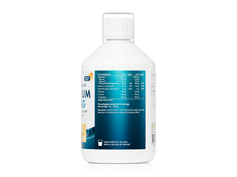 Bottle of a nutritional supplement with a blue label on a white background