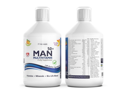 Two bottles of 50+ Man Multivitamin supplement on a white background