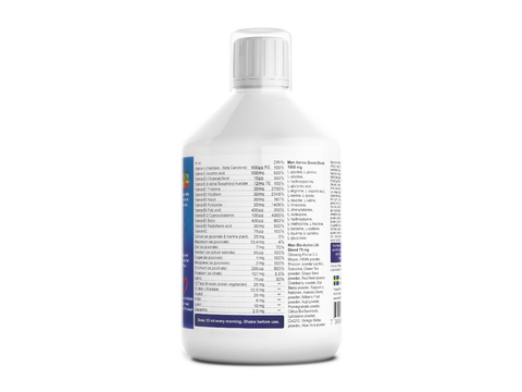White supplement bottle with a detailed label on a white background