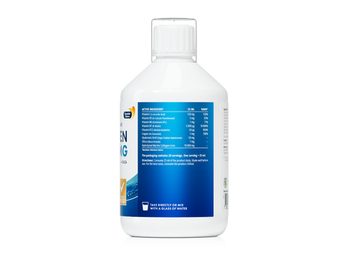 White bottle with blue label on a white background