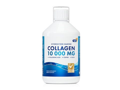 Bottle of collagen supplement with blue label on a white background