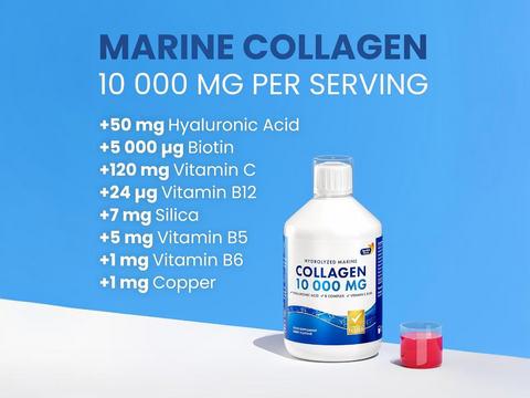 Collagen supplement bottle with nutritional information on a blue background