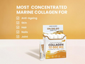 Box of collagen shots with a yellow background and text highlighting benefits.