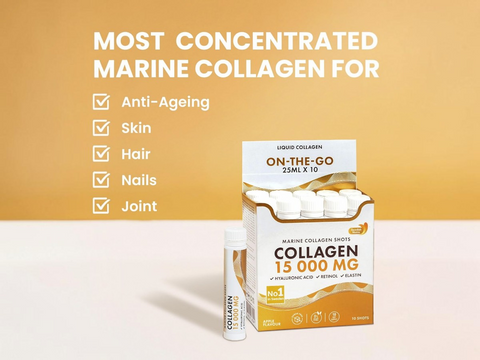 Box of collagen shots with a yellow background and text highlighting benefits.