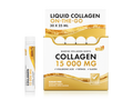 Box of liquid collagen supplement with a single shot on a white background