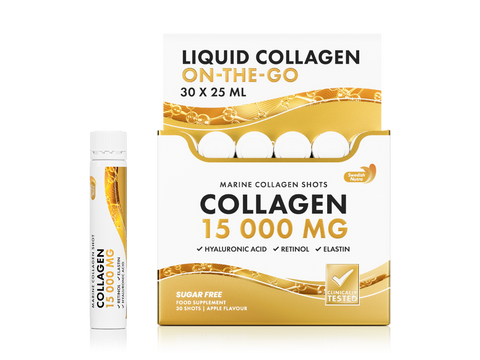 Box of liquid collagen supplement with a single shot on a white background
