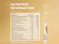Nutrition information panel for a supplement with active ingredients and daily dose details on a beige background.