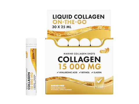 Collagen supplement packaging with liquid collagen on-the-go container and box.
