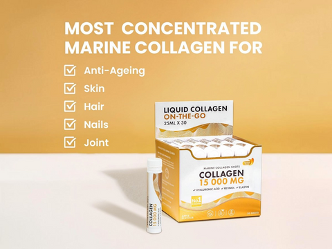Box of Liquid Collagen On-The-Go with a vial on a beige background, highlighting benefits like anti-aging, skin, hair, nails, and joint health.