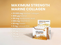 Collagen supplement packaging with ingredients listed on a gradient background