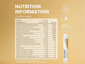 Nutrition information panel for a supplement with active ingredients and daily dose details on a beige background.