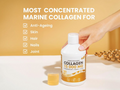 Collagen supplement bottle with a hand holding it, on a light background