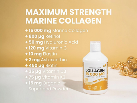 Collagen supplement bottle with ingredients listed on a beige background