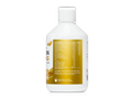 White bottle with a gold label on a white background